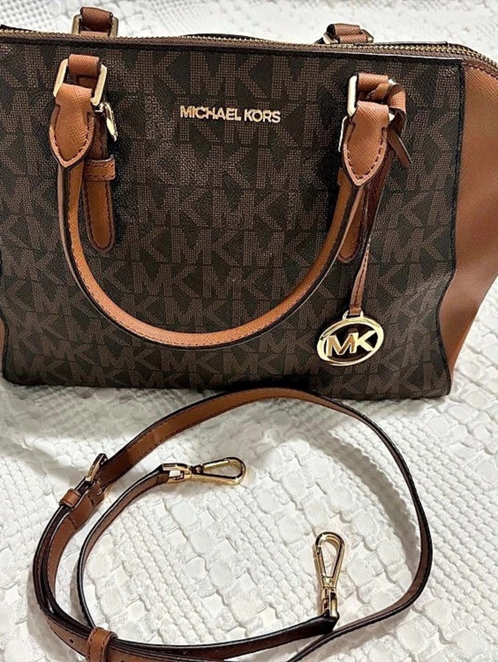 Michael Kors Ciara Medium Signature Logo and Leather Satchel Brown & Black